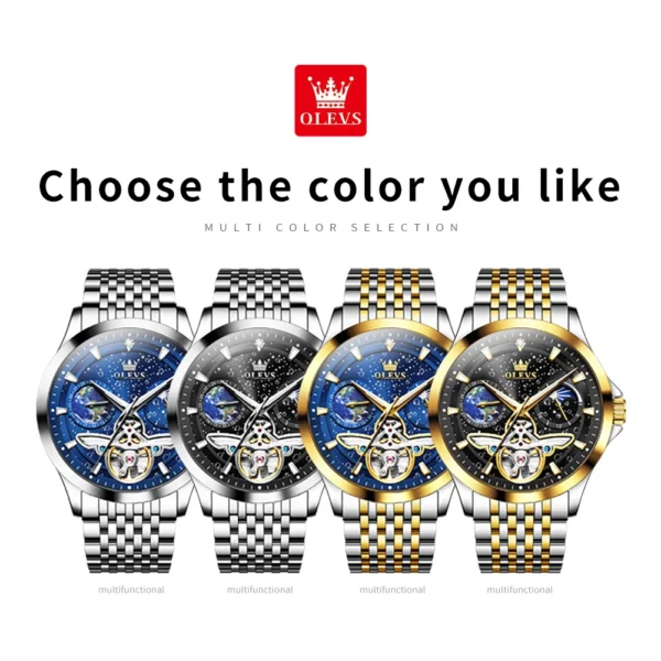 OLEVS Luxury Brand Men's Watches Luminous Waterproof Fully Automatic Mechanical Watch Starry Sky Dial Moon Phase Hollow Out - Image 6