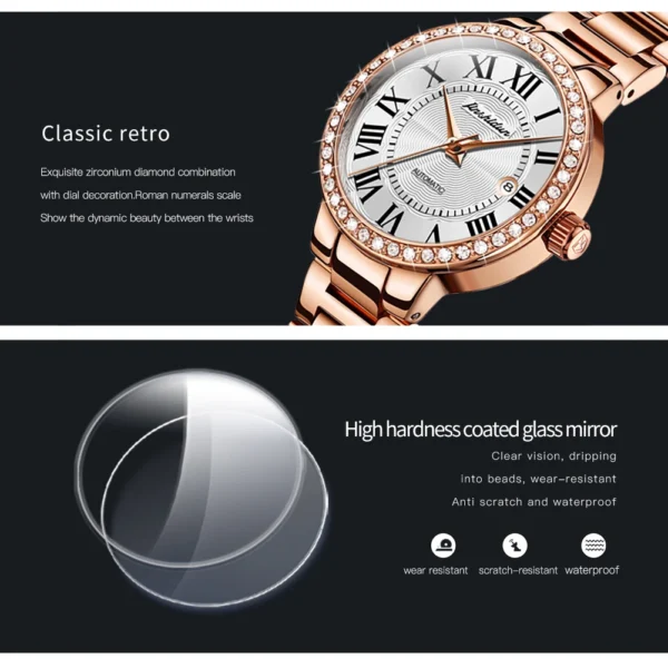 JSDUN 8934Women Automatic Mechanical Watch Luxury Rose Gold Retro Design Waterproof Watch Roman Dial Women Elegant Diamond Watch - Image 5