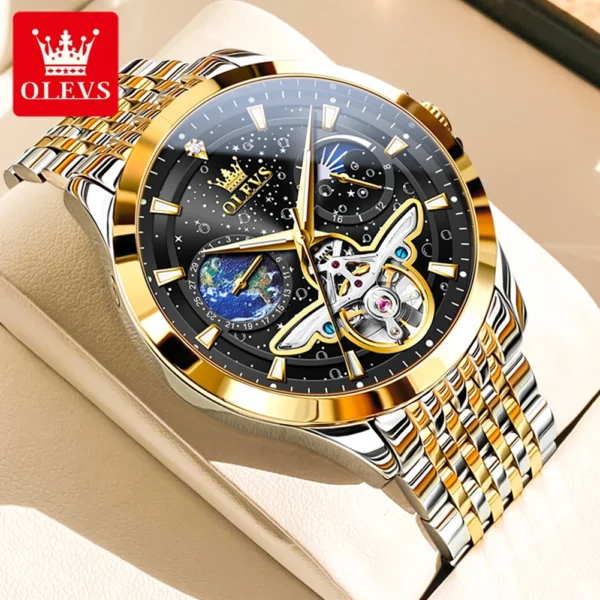 OLEVS Luxury Brand Men's Watches Luminous Waterproof Fully Automatic Mechanical Watch Starry Sky Dial Moon Phase Hollow Out - Image 8