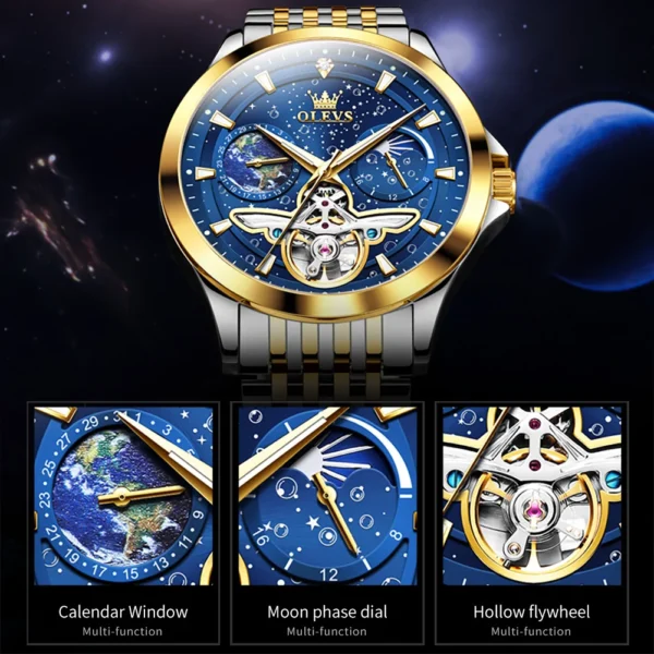 OLEVS Luxury Brand Men's Watches Luminous Waterproof Fully Automatic Mechanical Watch Starry Sky Dial Moon Phase Hollow Out - Image 5
