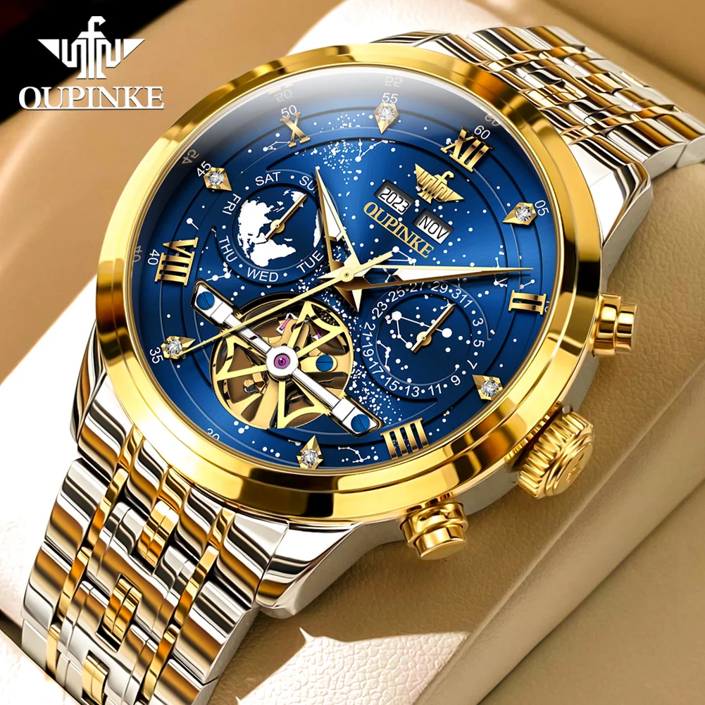 OUPINKE 3255 Men Watch Luxury Brand Swiss Movement Starry Sky Skeleton Waterproof Watch Original Automatic Mechanical Men Watch