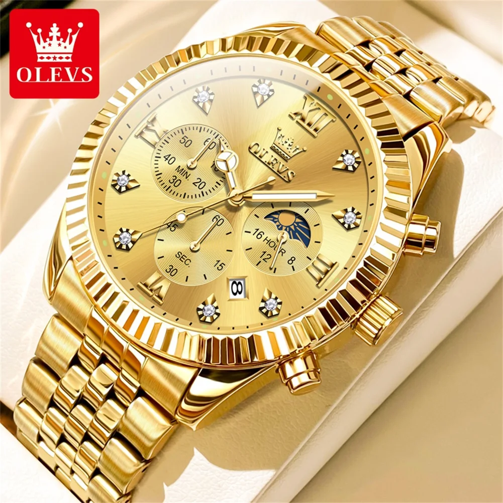 OLEVS Brand Luxury Original Men’s Watches Waterproof Moon Phase Quartz Watch Luminous Gold Stainless Steel Strap Male Wristwatch