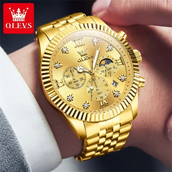 OLEVS Brand Luxury Original Men's Watches Waterproof Moon Phase Quartz Watch Luminous Gold Stainless Steel Strap Male Wristwatch - Image 3