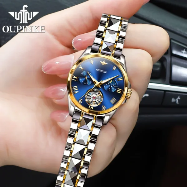 OUPINKE Fashion Luxury Brand Women's Watches Elegant Hollow out Moon Phase Automatic mechanical Watch Original Female Wristwatch - Image 3