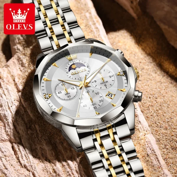 OLEVS 3673 Men Watch Original Quartz Watch Rhombus Mirror Automatic Date Waterproof Moonphase Chronograph Top Luxury Men Watch - Image 2