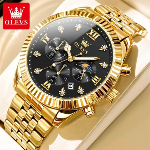 OLEVS Brand Luxury Original Men's Watches Waterproof Moon Phase Quartz Watch Luminous Gold Stainless Steel Strap Male Wristwatch - Image 9