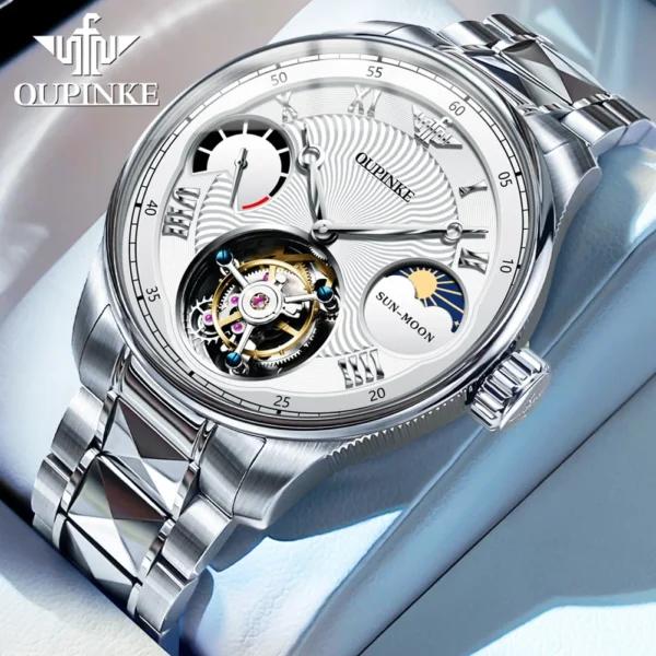 OUPINKE 8001 Tourbillon Men Automatic Mechanical Watch High end Moonphase Waterproof Luxury Sapphire Mirror Original Men Watch