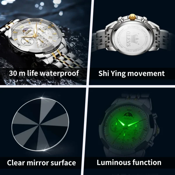 OLEVS 3673 Men Watch Original Quartz Watch Rhombus Mirror Automatic Date Waterproof Moonphase Chronograph Top Luxury Men Watch - Image 5