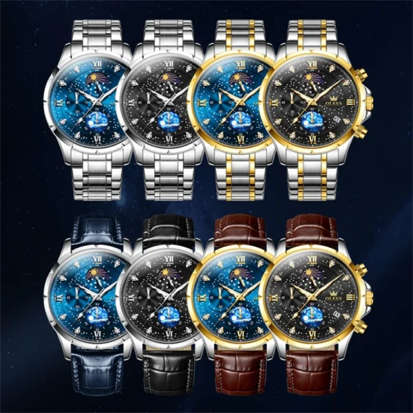 OLEVS Trend Men's Watches Moon Phase Luminous Starry Sky Dial Quartz Watch Waterproof Calendar Fashion Original Male Wristwatch - Image 6