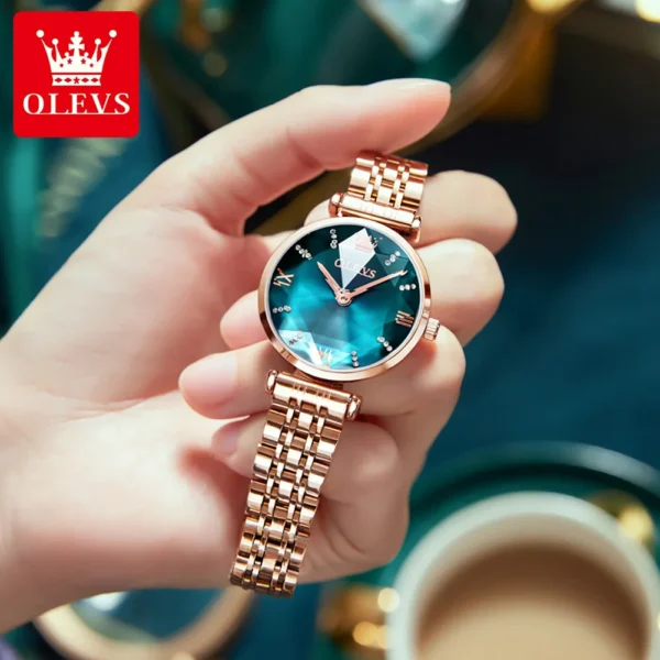 OLEVS 6642 Women Watch Luxury Rose Gold Diamond Watch Waterproof Watch Elegant Luxury Rhombus Glass Women Watch Bracelet Set - Image 2