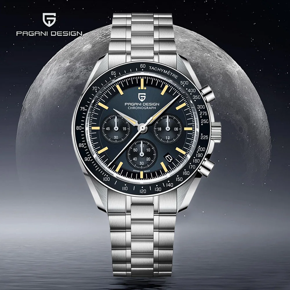 PAGANI DESIGN 2025 New Moon Men’s Watches Luxury Quartz Watch Man Chronograph VK63 Men Gifts AR Sapphire Mirror Luminous Clock