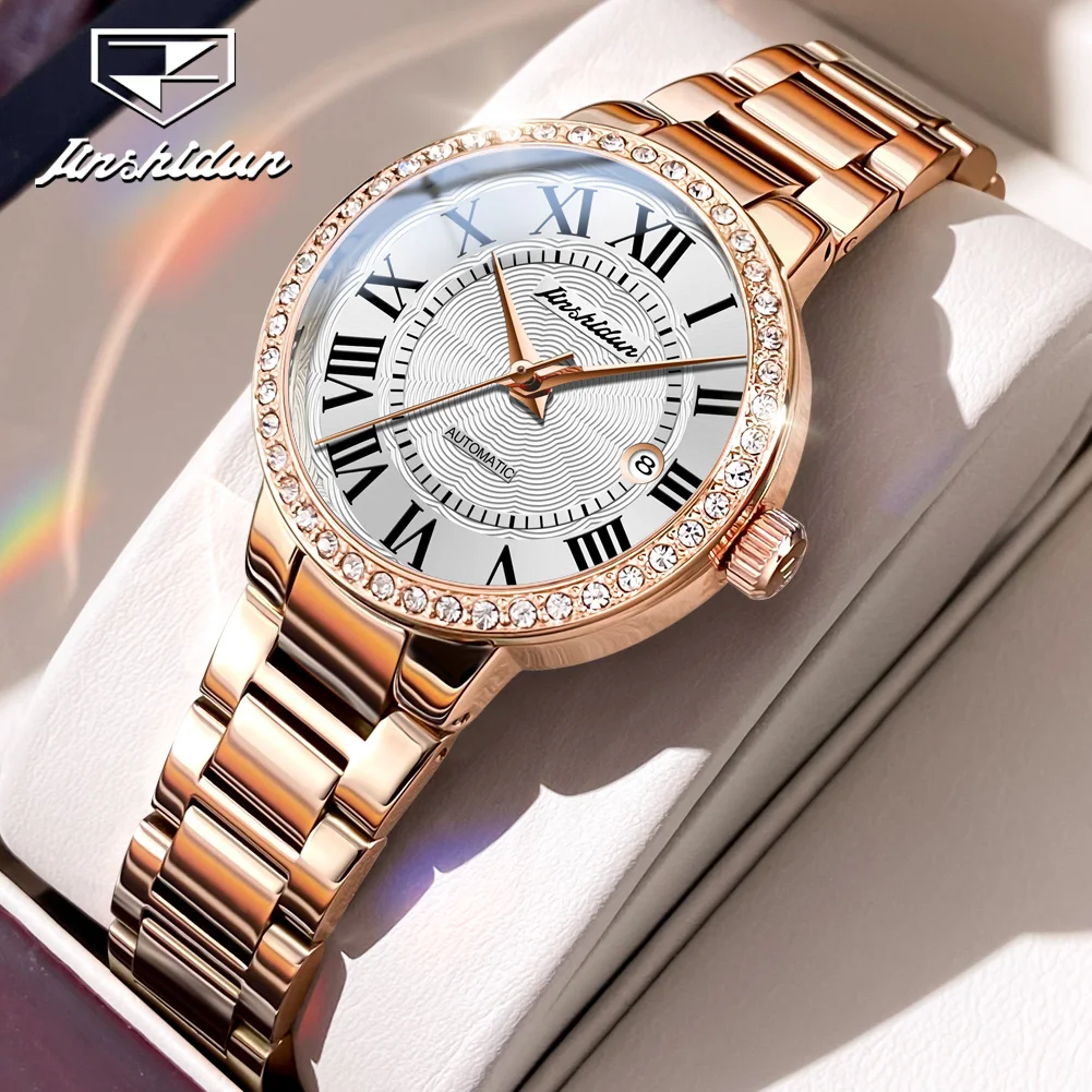 JSDUN 8934Women Automatic Mechanical Watch Luxury Rose Gold Retro Design Waterproof Watch Roman Dial Women Elegant Diamond Watch
