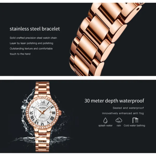 JSDUN 8934Women Automatic Mechanical Watch Luxury Rose Gold Retro Design Waterproof Watch Roman Dial Women Elegant Diamond Watch - Image 6